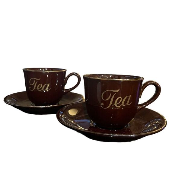 Set of 2 Teacup And Saucer Chocolate Brown Gold Trim Made In Japan MCM - Picture 1 of 12